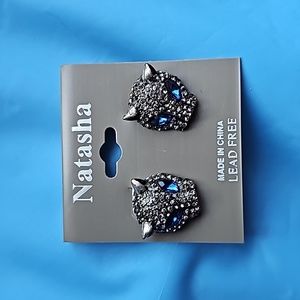 Panther Cat Rhinestone Embellished Earrings NWT